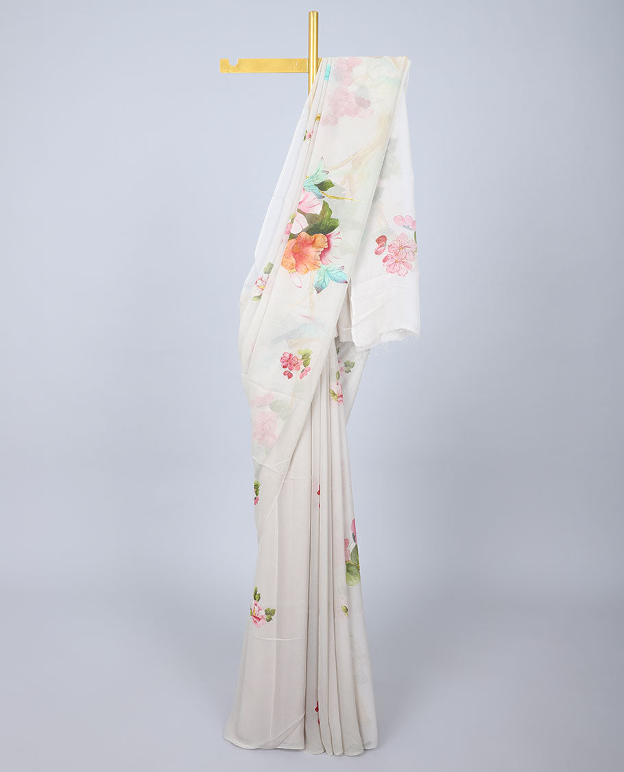 Semi banaras chiffon Borderless off-white colorful floral motifs printed semi-chiffon saree 