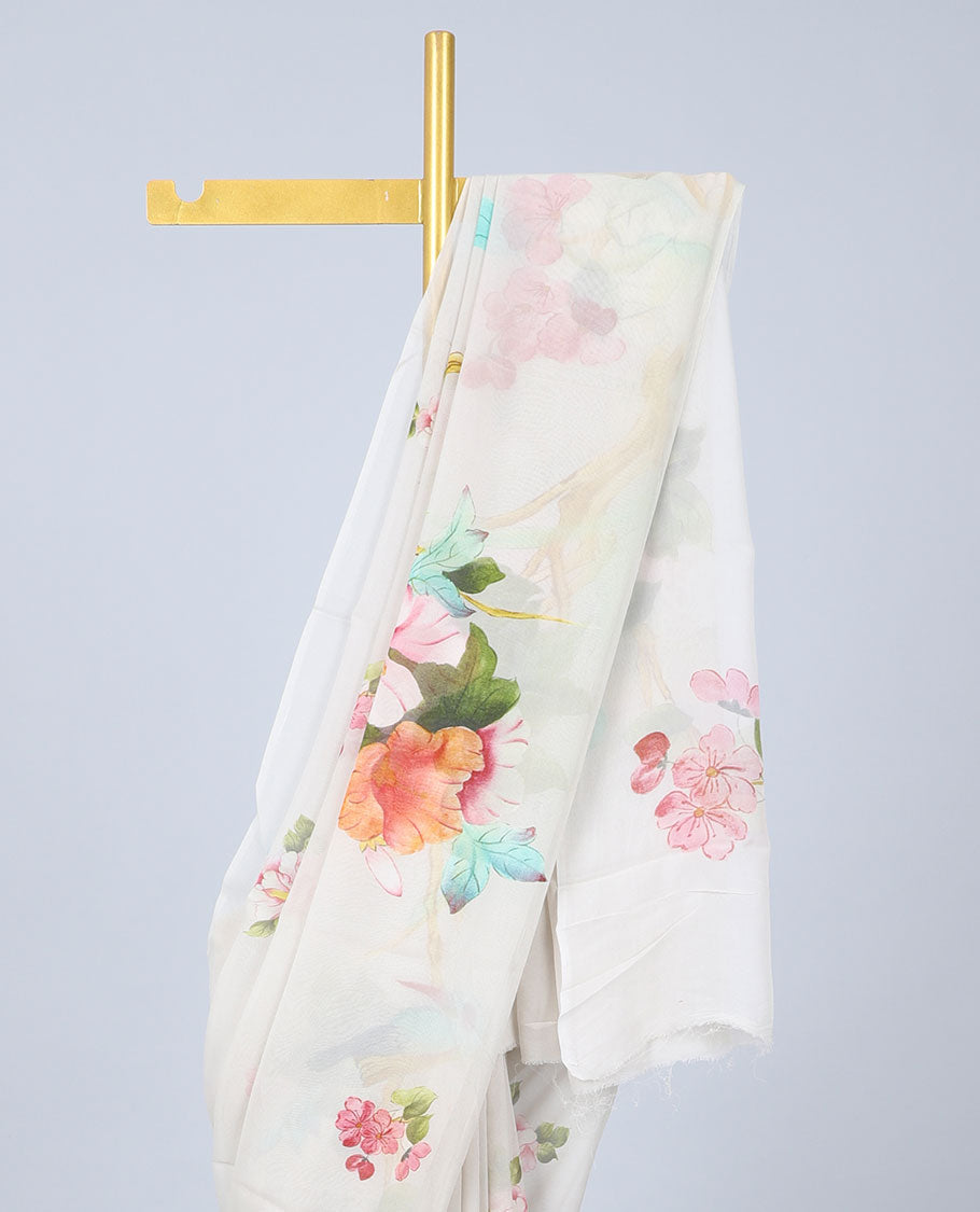 Semi banaras chiffon Borderless off-white colorful floral motifs printed semi-chiffon saree 