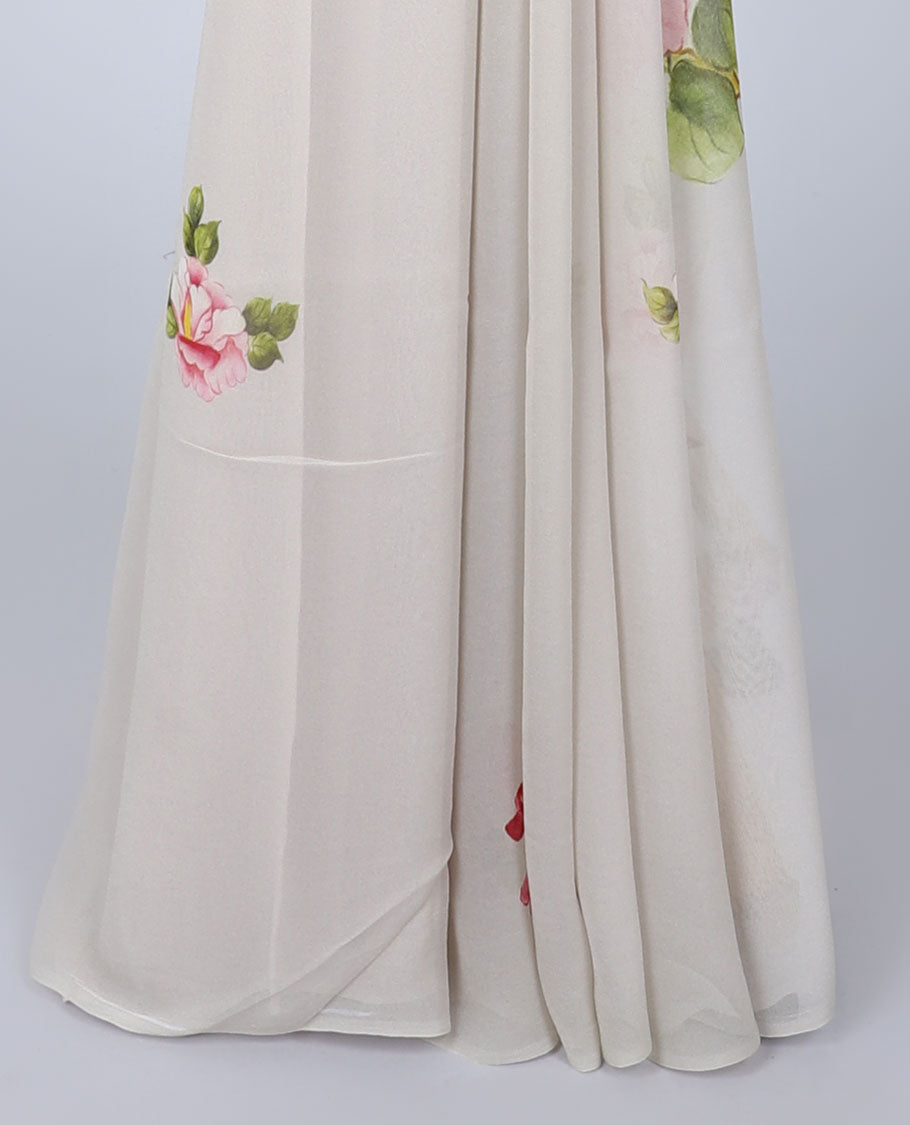 Semi banaras chiffon Borderless off-white colorful floral motifs printed semi-chiffon saree 