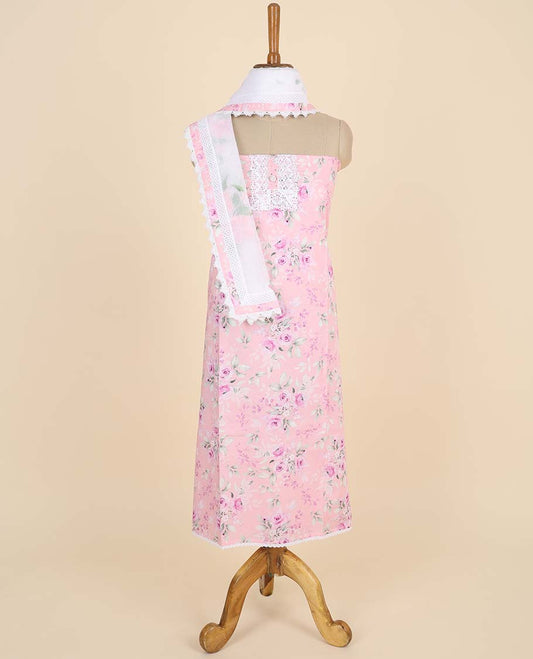 Pink material chudidhar set, floral printed top, chikankari embroidered bottom & floral design dupatta