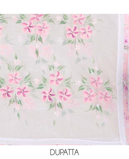 Pink material chudidhar set, floral printed top, chikankari embroidered bottom & floral design dupatta