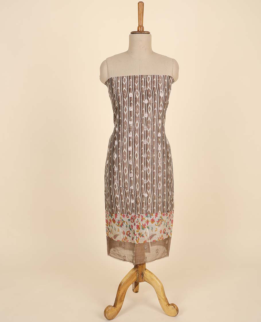 Brown material chudidhar set, ikkat printed top, plain bottom & multi-color floral & paisley printed dupatta