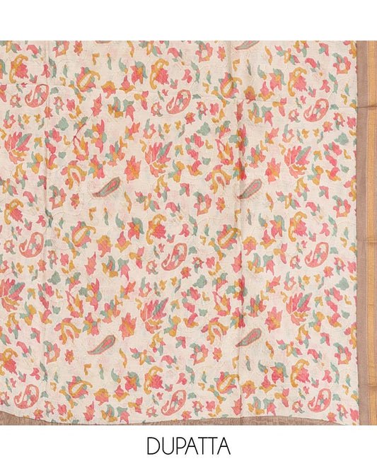 Brown material chudidhar set, ikkat printed top, plain bottom & multi-color floral & paisley printed dupatta