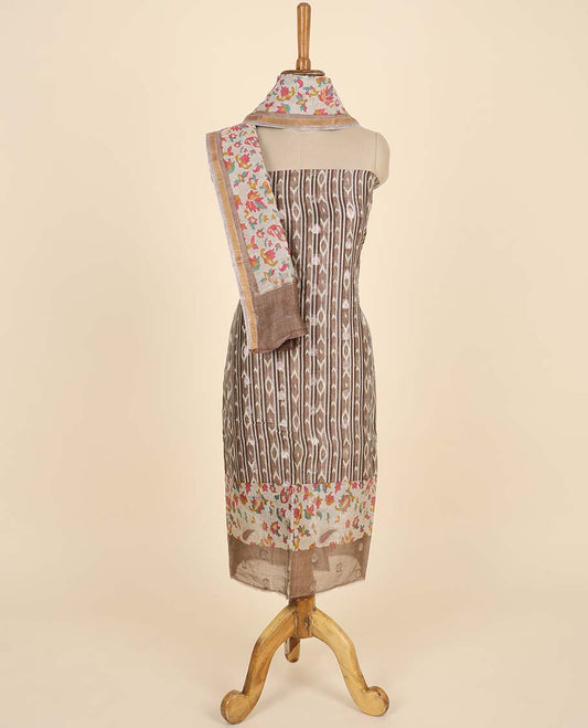 Brown material chudidhar set, ikkat printed top, plain bottom & multi-color floral & paisley printed dupatta