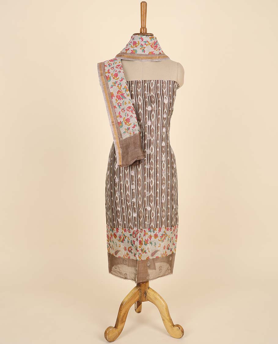 Brown material chudidhar set, ikkat printed top, plain bottom & multi-color floral & paisley printed dupatta