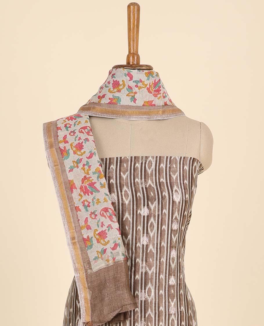 Brown material chudidhar set, ikkat printed top, plain bottom & multi-color floral & paisley printed dupatta