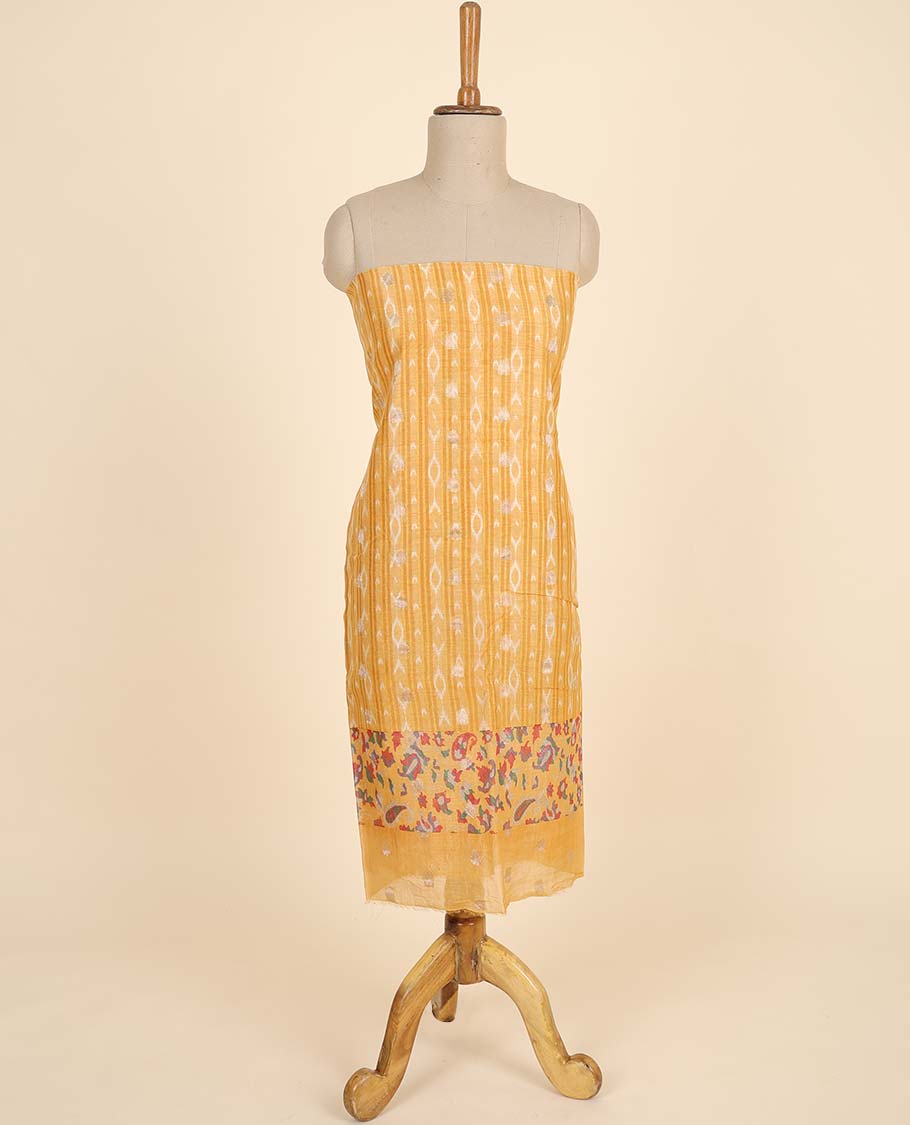 Orange material chudidhar set, ikkat printed top, plain bottom & multi-color floral & paisley printed dupatta