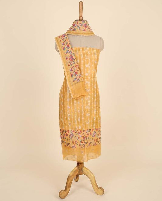 Orange material chudidhar set, ikkat printed top, plain bottom & multi-color floral & paisley printed dupatta