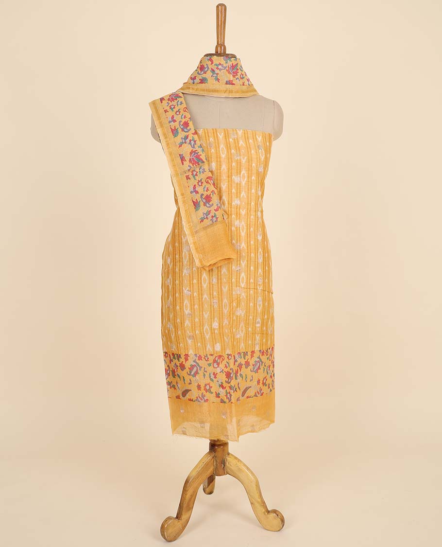 Orange material chudidhar set, ikkat printed top, plain bottom & multi-color floral & paisley printed dupatta