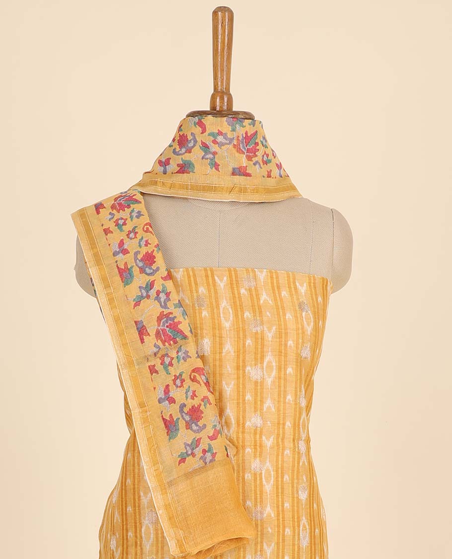 Orange material chudidhar set, ikkat printed top, plain bottom & multi-color floral & paisley printed dupatta