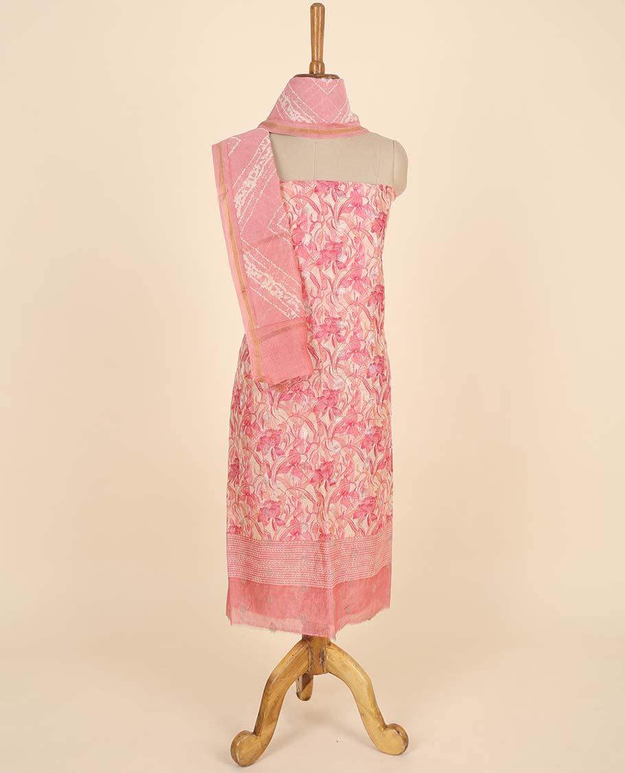 Pink material chudidhar set, floral printed top, plain bottom & chevron stripe printed dupatta