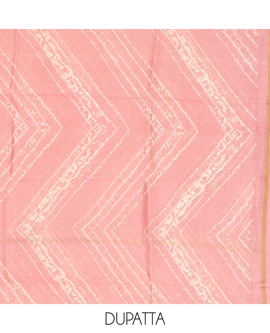 Pink material chudidhar set, floral printed top, plain bottom & chevron stripe printed dupatta
