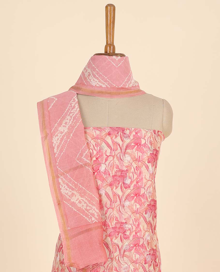 Pink material chudidhar set, floral printed top, plain bottom & chevron stripe printed dupatta
