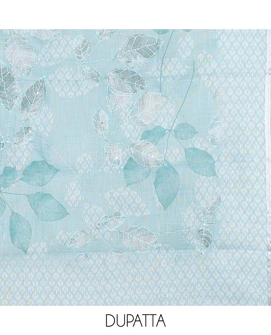 Blue material chudidhar set, ogee printed top, plain bottom & ogee & leaf print with thread work dupatta