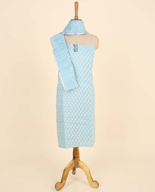 Blue material chudidhar set, ogee printed top, plain bottom & ogee & leaf print with thread work dupatta