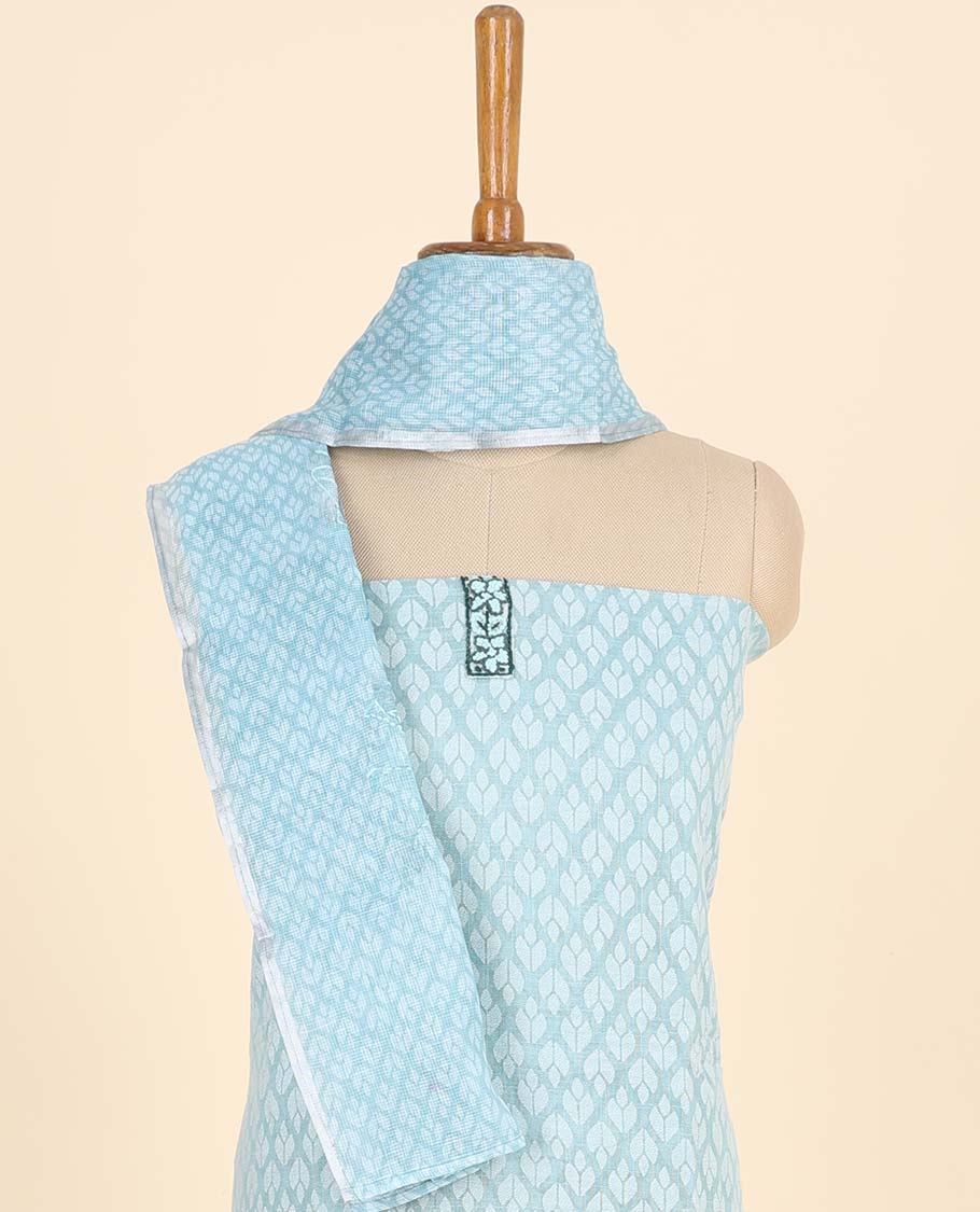 Blue material chudidhar set, ogee printed top, plain bottom & ogee & leaf print with thread work dupatta