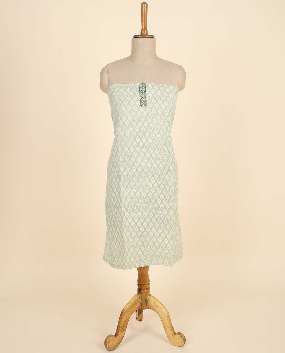 Green material chudidhar set, ogee printed top, plain bottom & ogee & leaf print with thread work dupatta