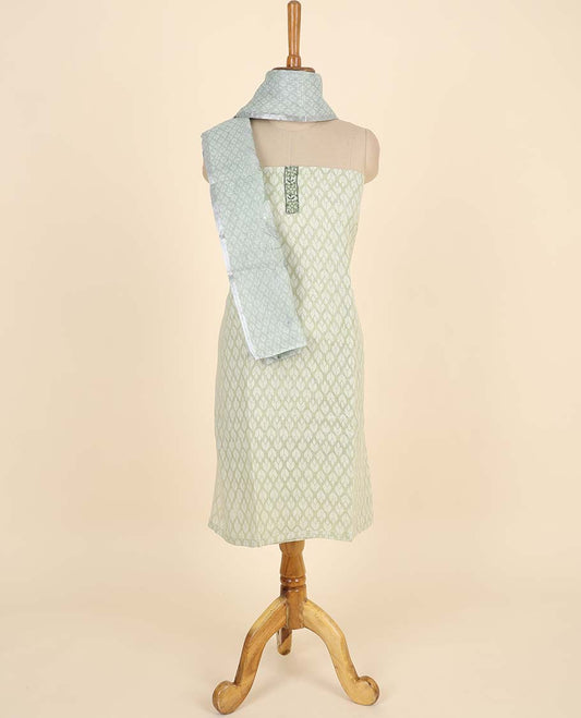 Green material chudidhar set, ogee printed top, plain bottom & ogee & leaf print with thread work dupatta