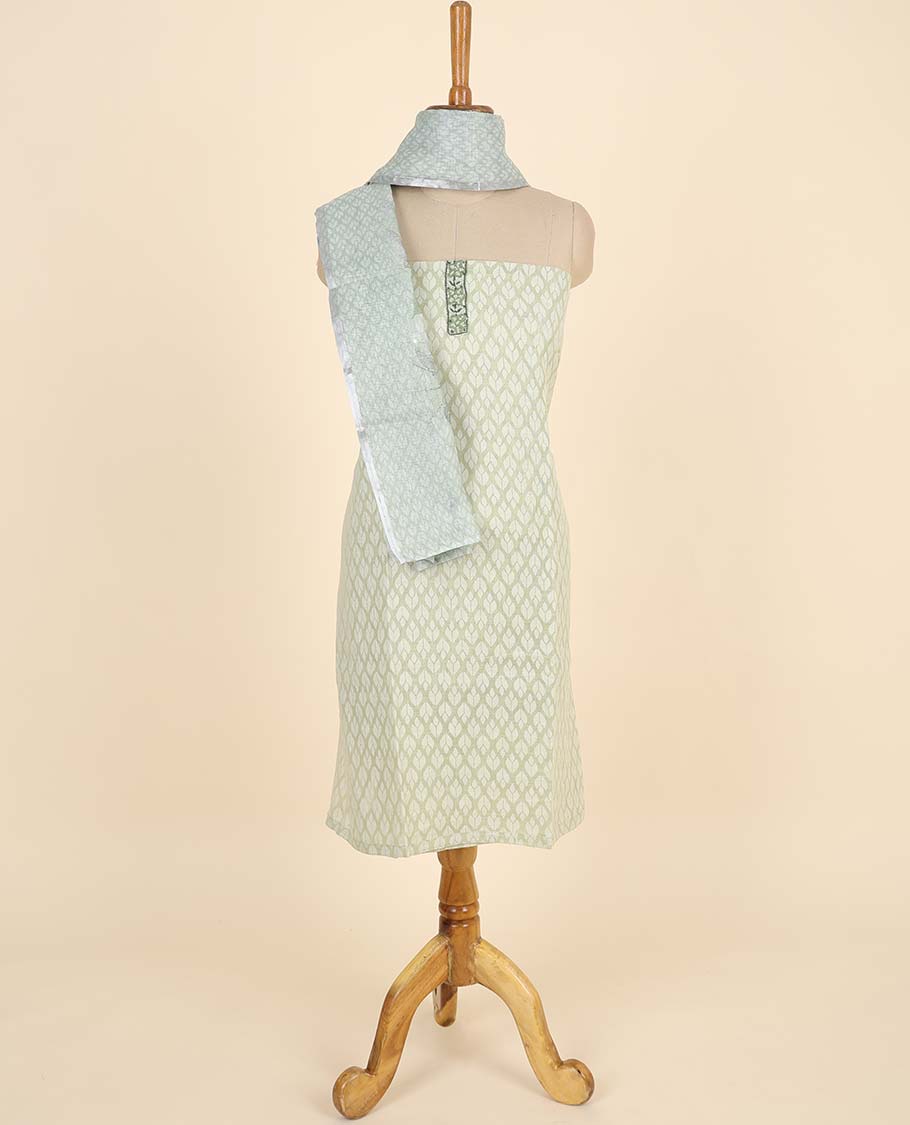 Green material chudidhar set, ogee printed top, plain bottom & ogee & leaf print with thread work dupatta