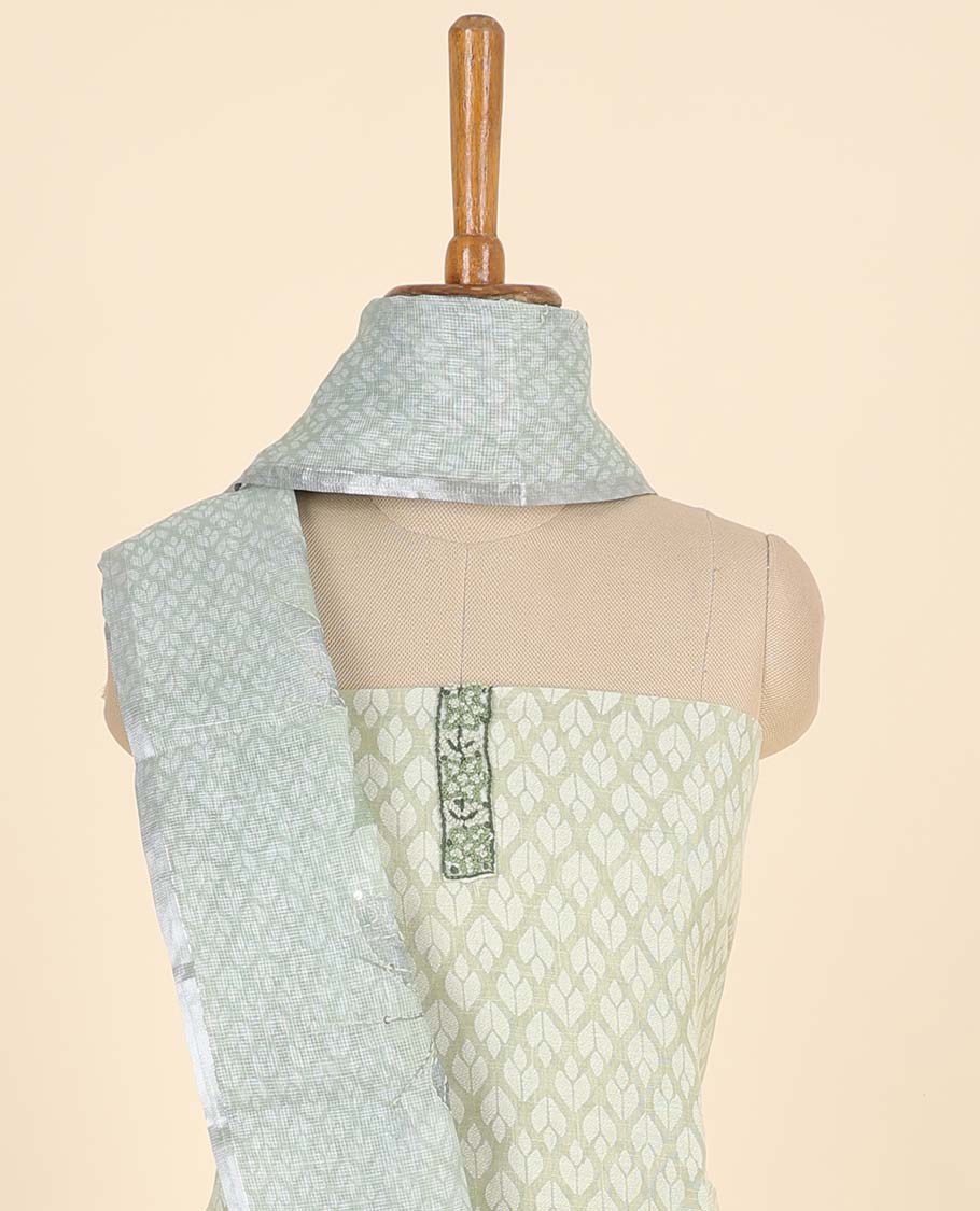 Green material chudidhar set, ogee printed top, plain bottom & ogee & leaf print with thread work dupatta
