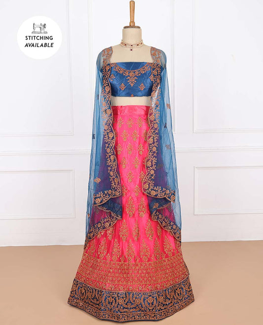 Fuchsia net lehenga with intricately embroidery skirt, contrast top & floral embroidered scallop dupatta