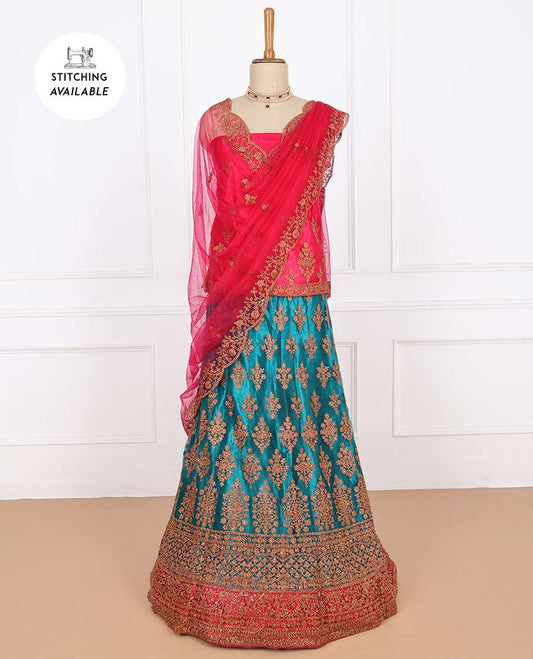 Peacock color net lehenga with intricately embroidery skirt, contrast top & floral embroidered scallop dupatta