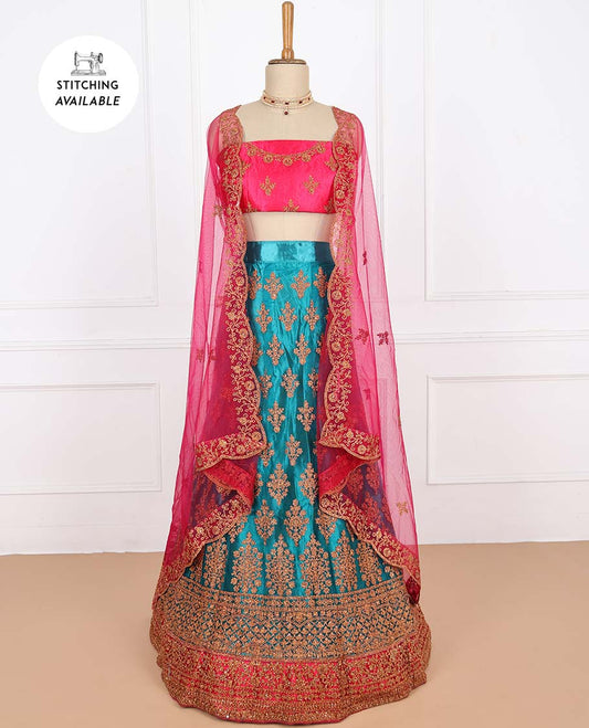 Peacock color net lehenga with intricately embroidery skirt, contrast top & floral embroidered scallop dupatta