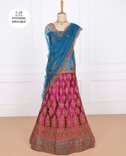 Fandango purple net lehenga with intricately embroidery skirt,contrast top & floral embroidery scallop dupatta