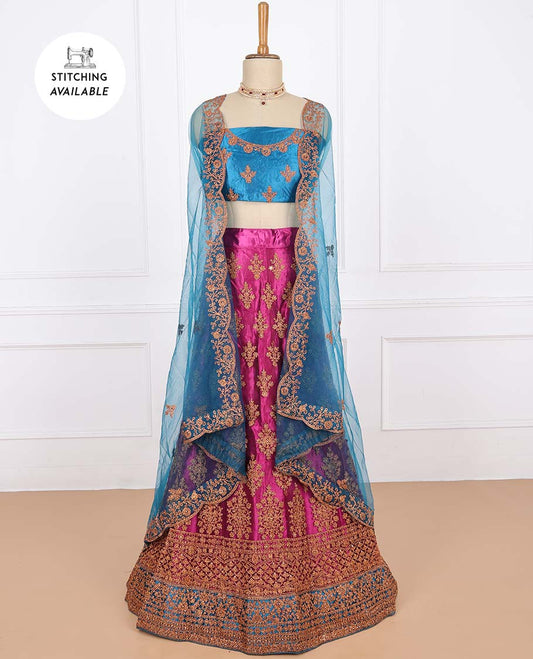 Fandango purple net lehenga with intricately embroidery skirt,contrast top & floral embroidery scallop dupatta