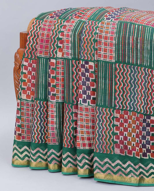 Green colorful geometric patterns printed kuppadam cotton saree, self-border & intricately printed pallu