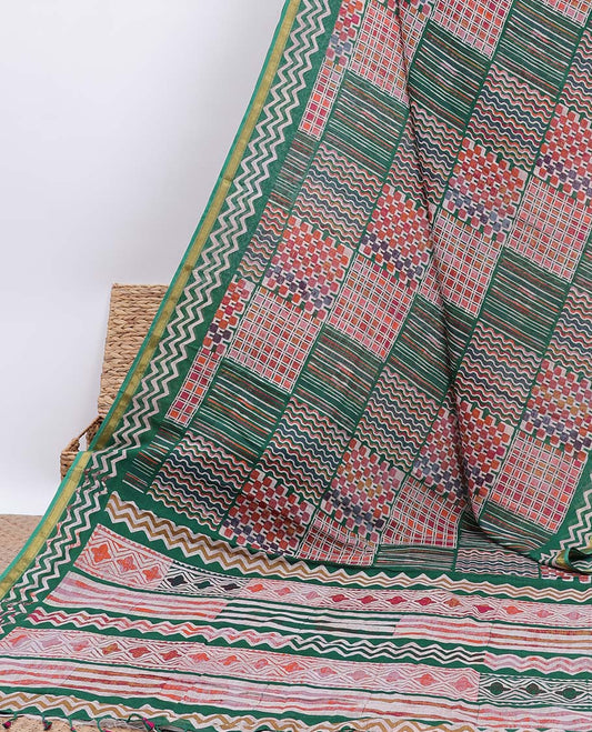 Green colorful geometric patterns printed kuppadam cotton saree, self-border & intricately printed pallu