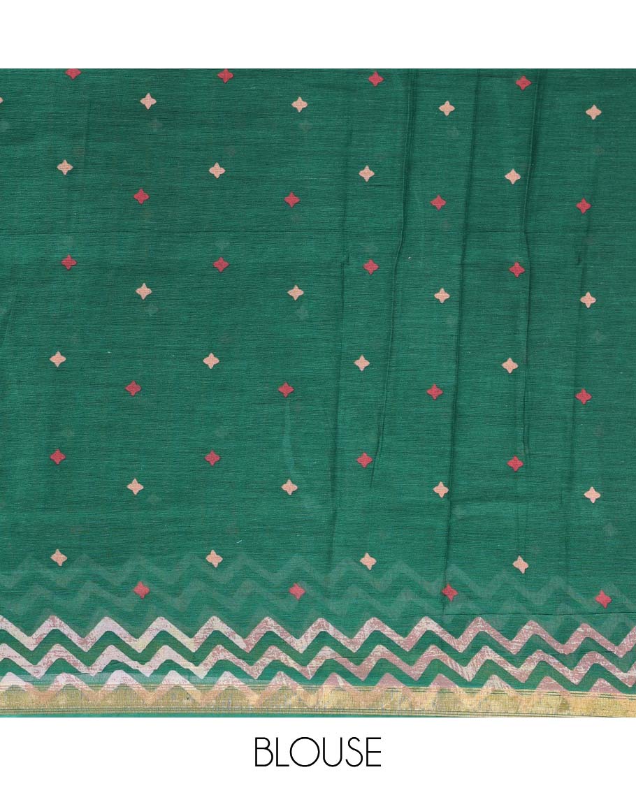 Green colorful geometric patterns printed kuppadam cotton saree, self-border & intricately printed pallu