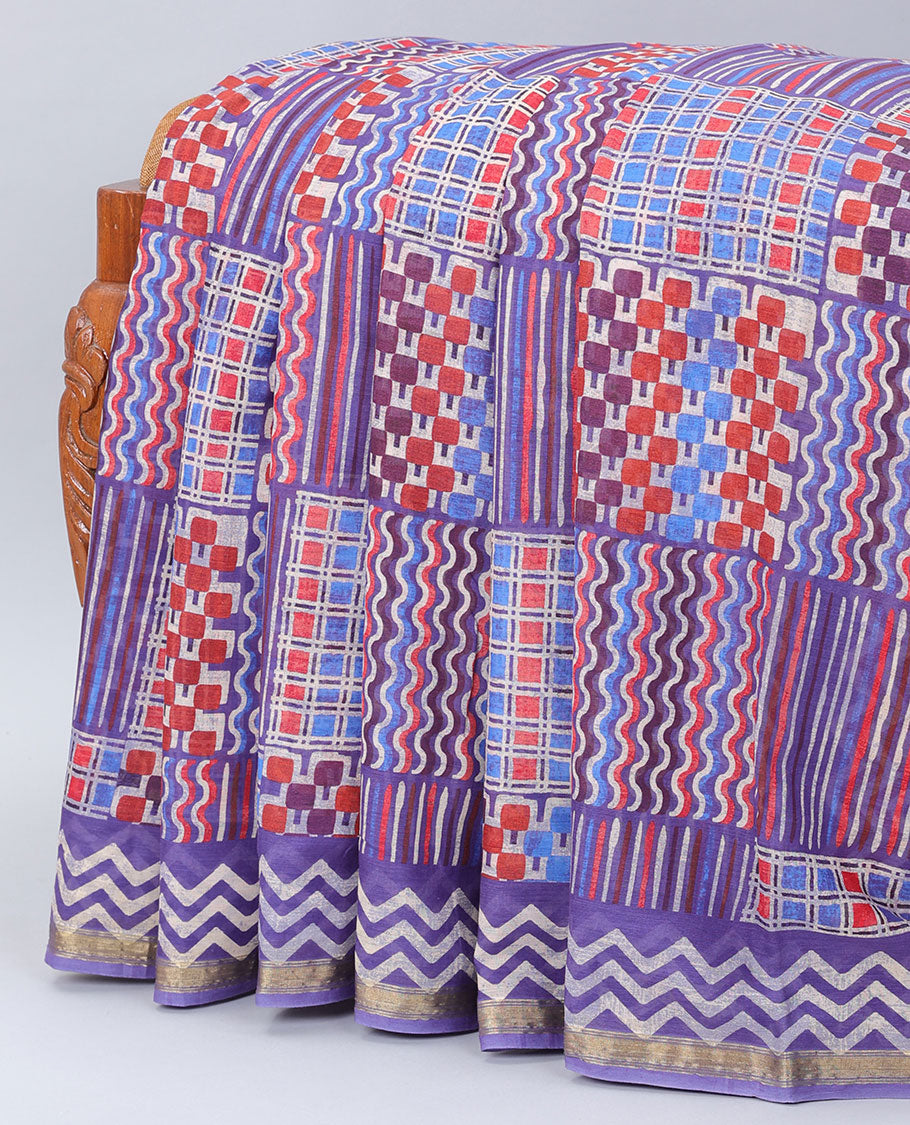Blue colorful geometric patterns printed kuppadam cotton saree, self-border & intricately printed pallu