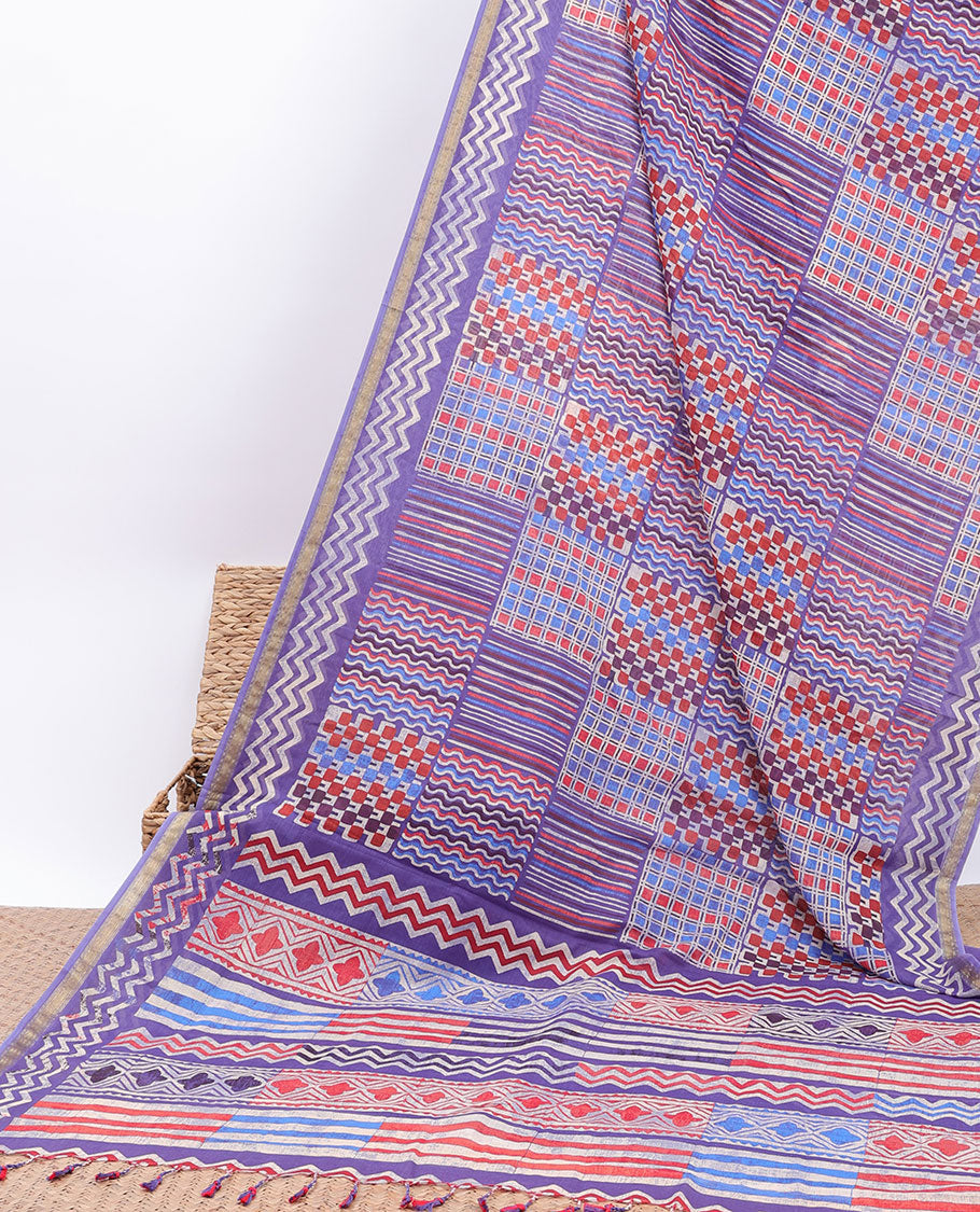 Blue colorful geometric patterns printed kuppadam cotton saree, self-border & intricately printed pallu