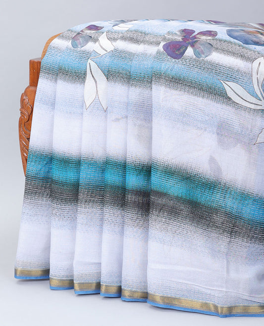 Blue abstract & floral printed kuppadam cotton saree, zari border & floral printed pallu