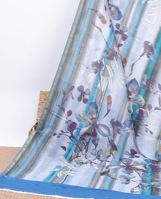 Blue abstract & floral printed kuppadam cotton saree, zari border & floral printed pallu