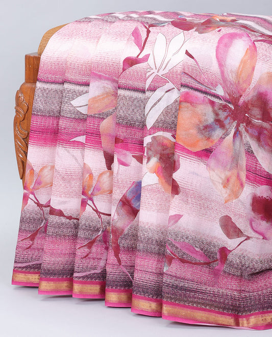 Pink abstract & floral printed kuppadam cotton saree, zari border & floral printed pallu