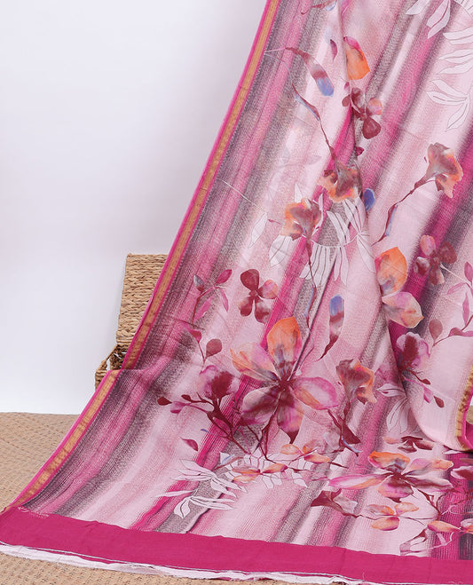 Pink abstract & floral printed kuppadam cotton saree, zari border & floral printed pallu