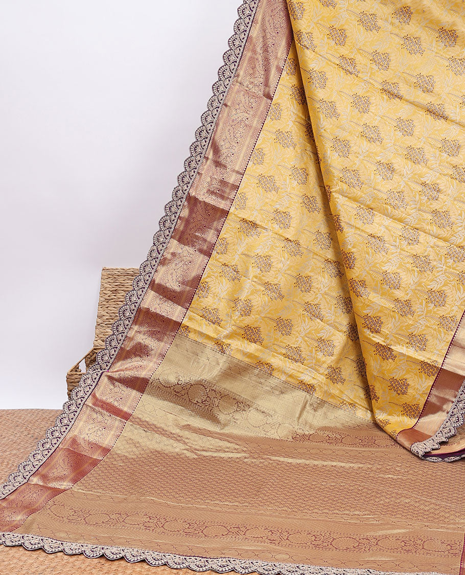 Yellow floral design banaras tissue saree, contrast traditional motif with patchwork border&pallu of intricate designs