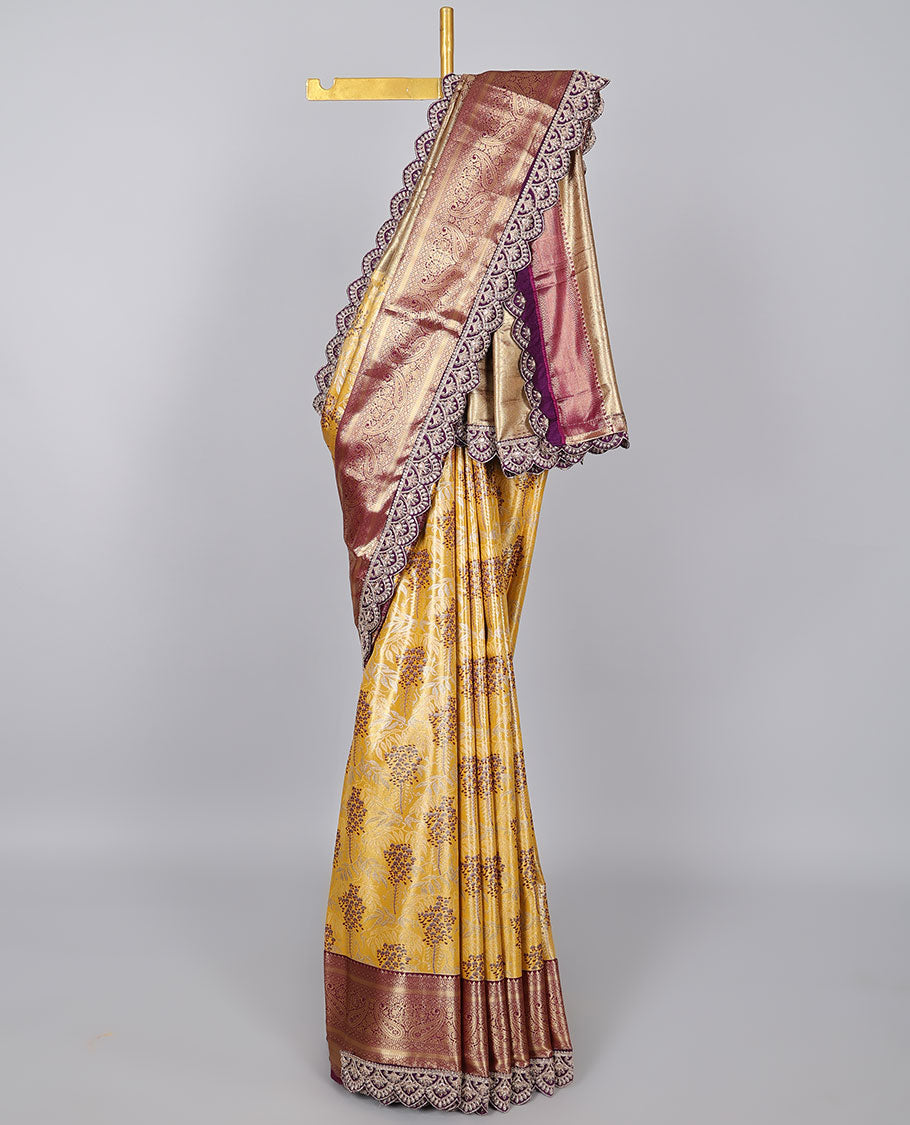 Yellow floral design banaras tissue saree, contrast traditional motif with patchwork border&pallu of intricate designs