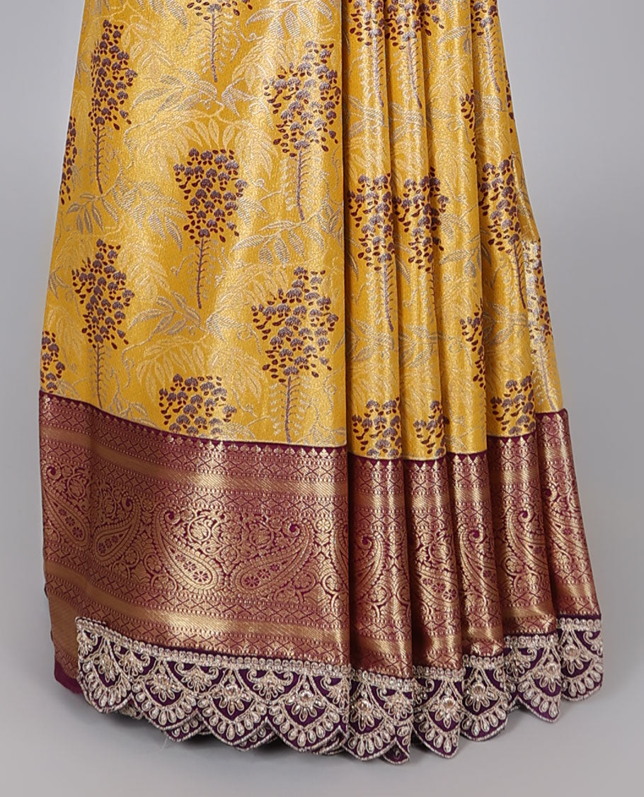 Yellow floral design banaras tissue saree, contrast traditional motif with patchwork border&pallu of intricate designs
