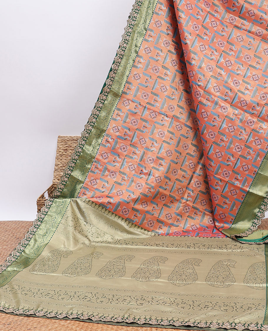 Orange peacock design banaras tissue saree, contrast traditional motif with patch embroidery border&paisley design pallu