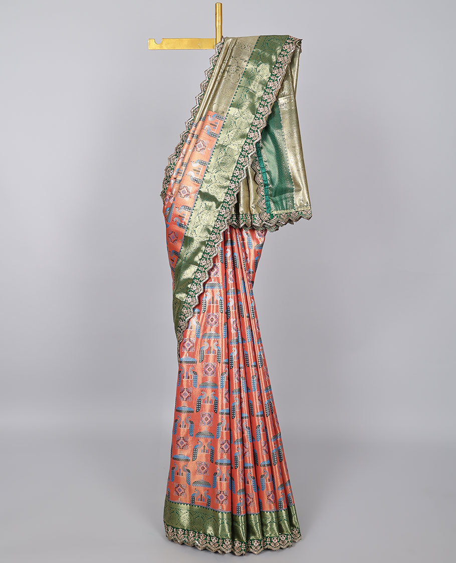 Orange peacock design banaras tissue saree, contrast traditional motif with patch embroidery border&paisley design pallu
