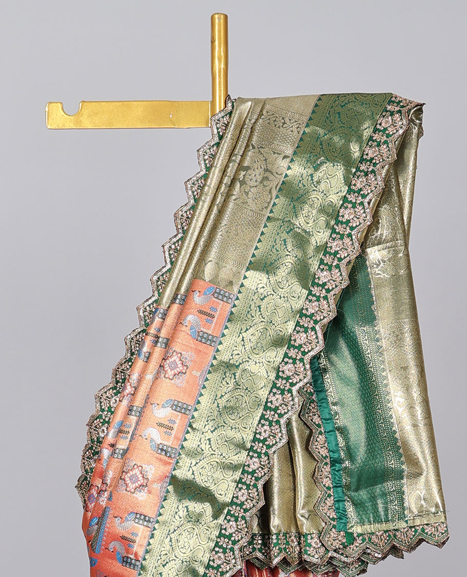 Orange peacock design banaras tissue saree, contrast traditional motif with patch embroidery border&paisley design pallu