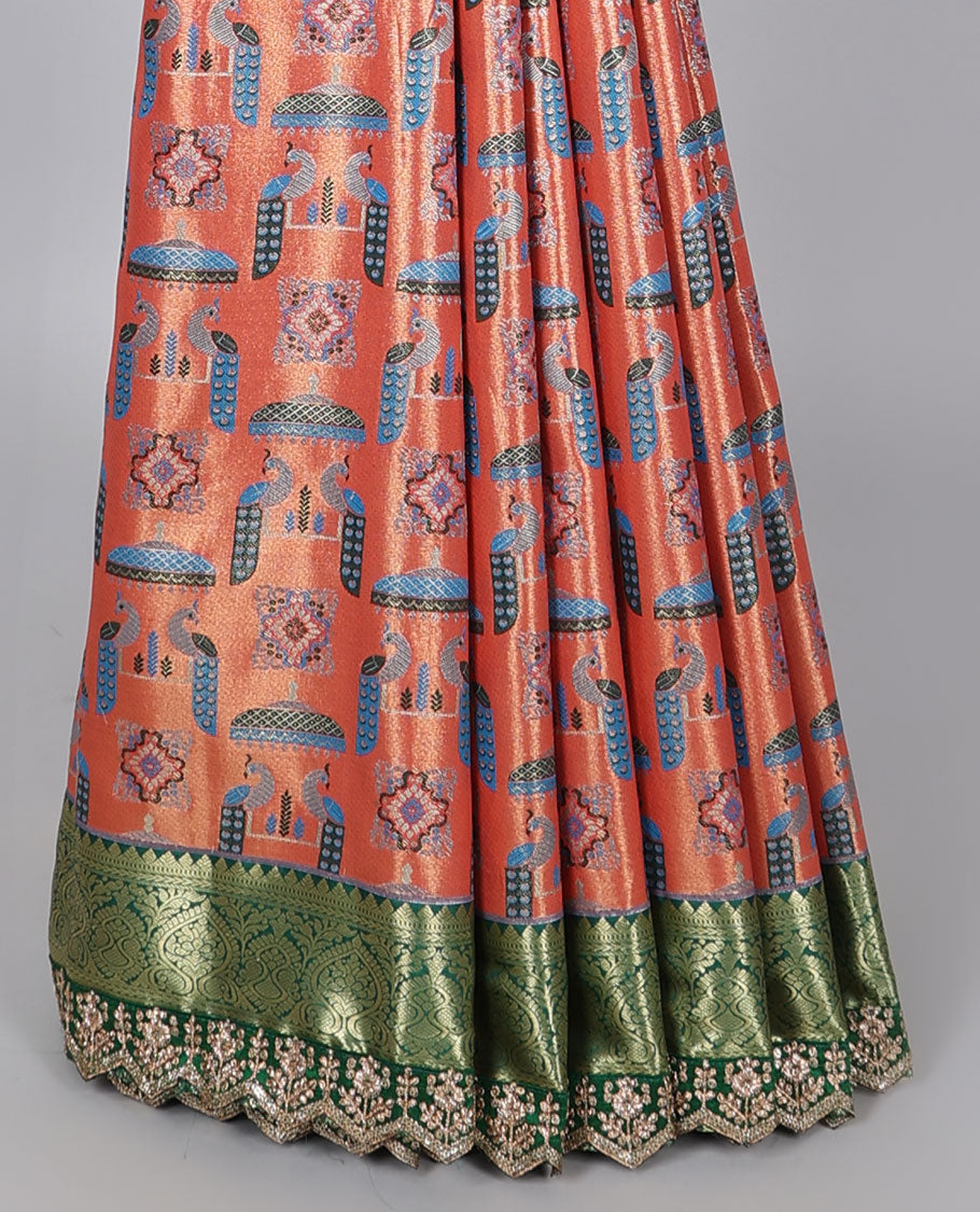 Orange peacock design banaras tissue saree, contrast traditional motif with patch embroidery border&paisley design pallu