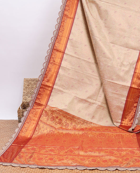 Light sandal floral design banaras tissue saree, contrast traditional motif with patch embroidery border&intricate pallu