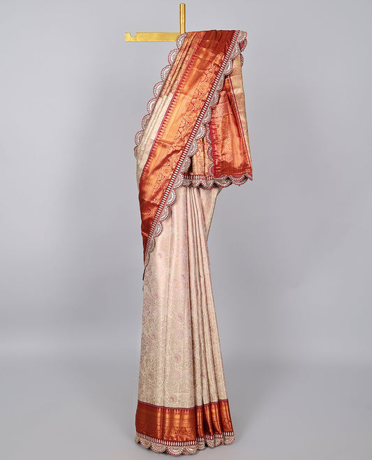 Light sandal floral design banaras tissue saree, contrast traditional motif with patch embroidery border&intricate pallu