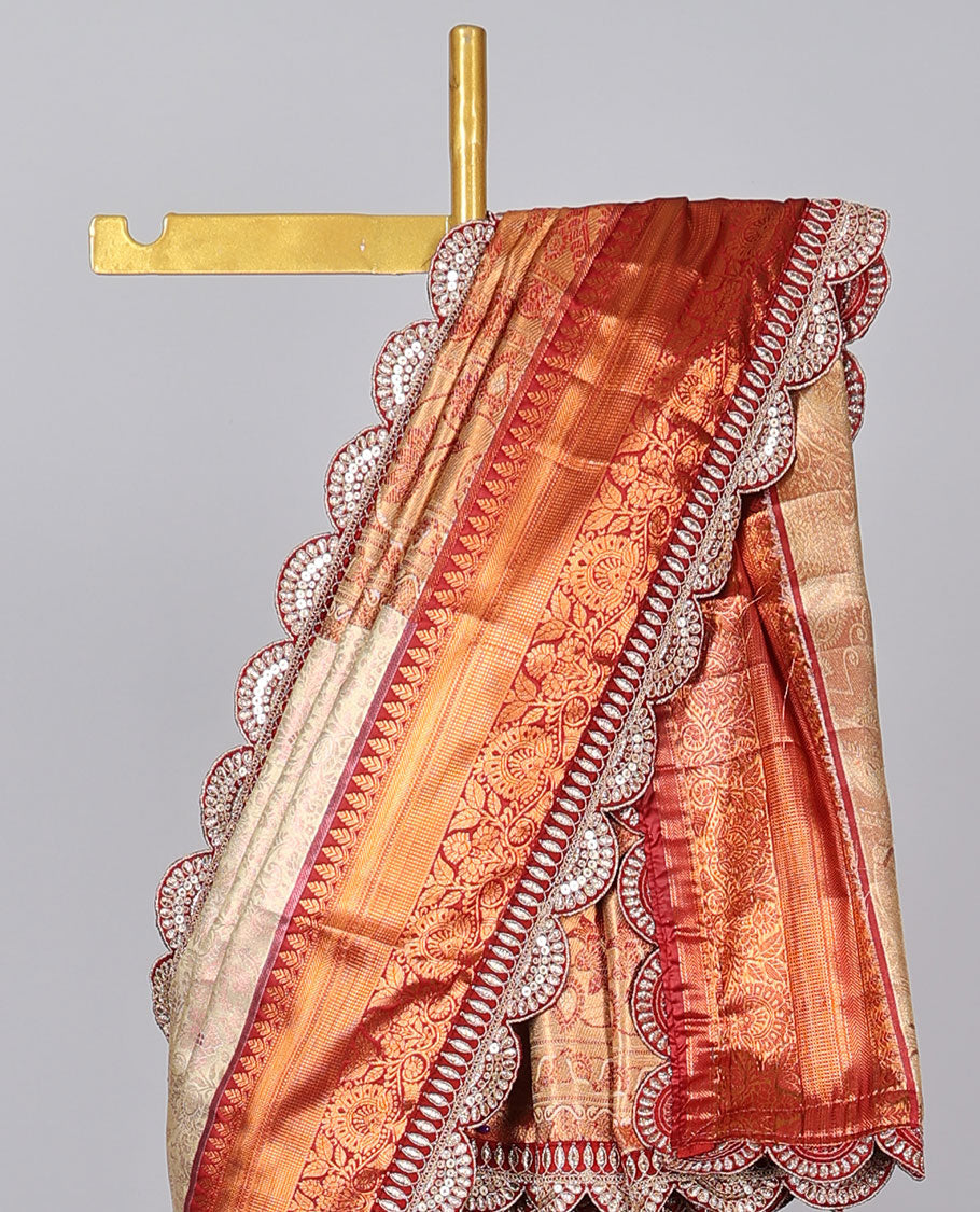 Light sandal floral design banaras tissue saree, contrast traditional motif with patch embroidery border&intricate pallu