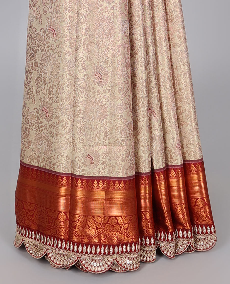 Light sandal floral design banaras tissue saree, contrast traditional motif with patch embroidery border&intricate pallu