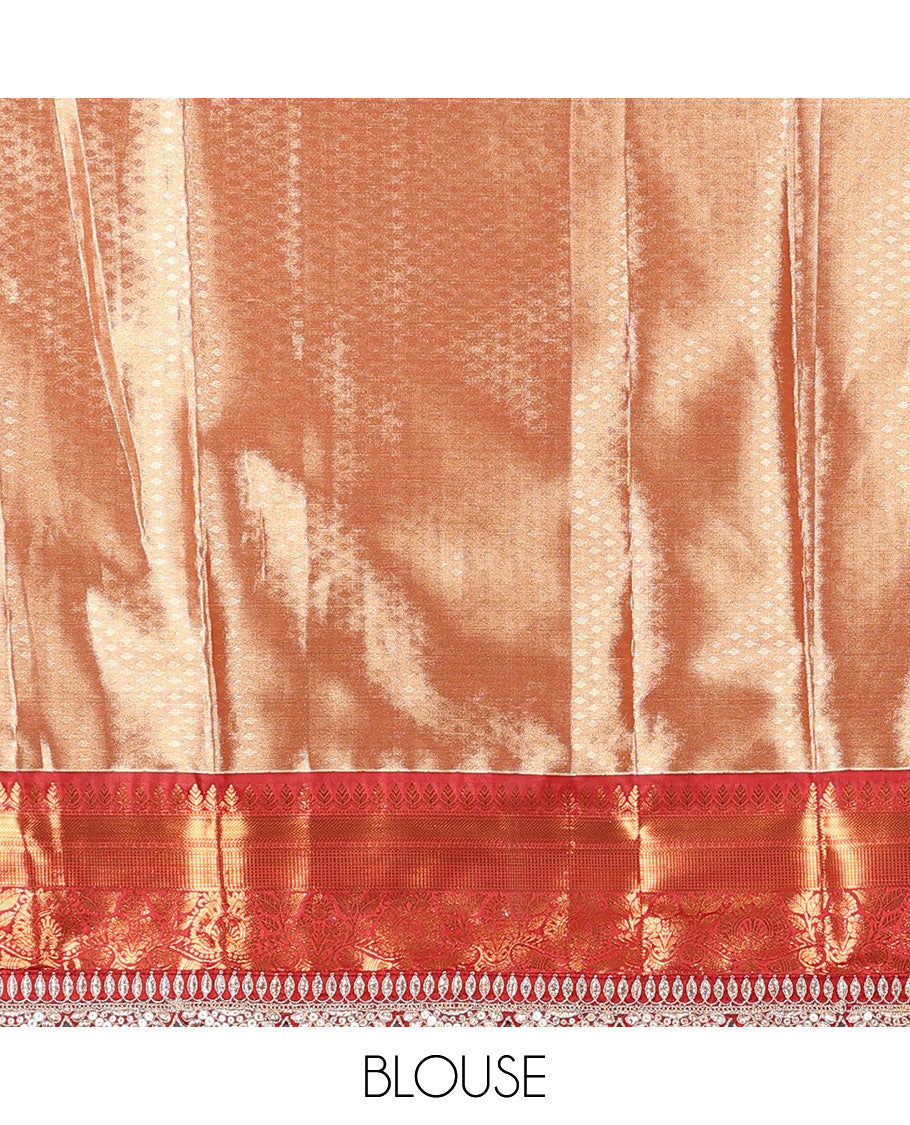 Light sandal floral design banaras tissue saree, contrast traditional motif with patch embroidery border&intricate pallu